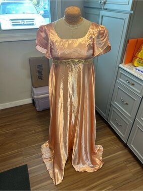 Edwardian Inspired Satin Empire Waist Gown Bridgeton Costume Peach Size XS